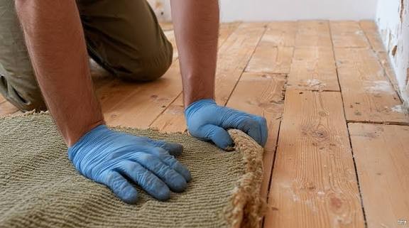 Carpet lifted at the edge of a room revealing the hardwood floorboards beneath