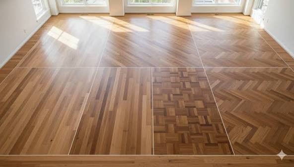 Timber floor sections finished in different coating systems shown side by side for comparison