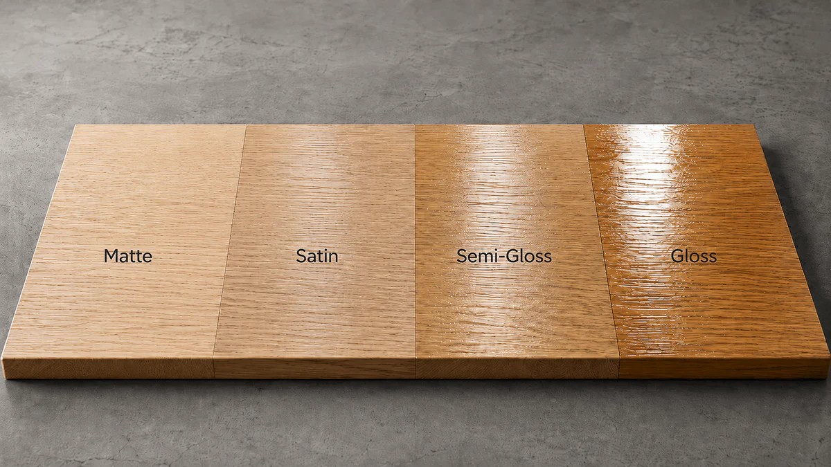 Timber floor sections finished at different sheen levels shown side by side