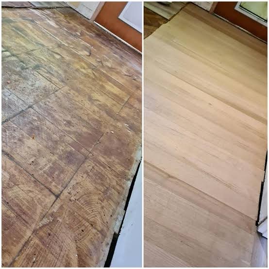 Before and after: stain removal and sand back to bare timber on a hardwood floor