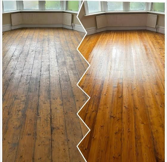 Before and after: full sand and polish on a bay-window living room floor