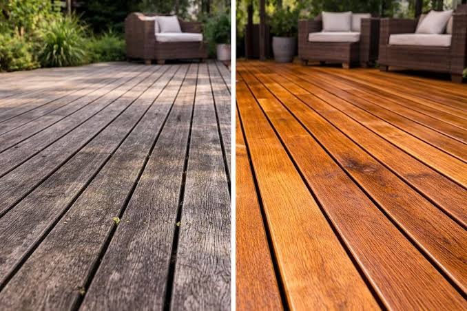 Before and after: sand and re-oil on an outdoor timber deck