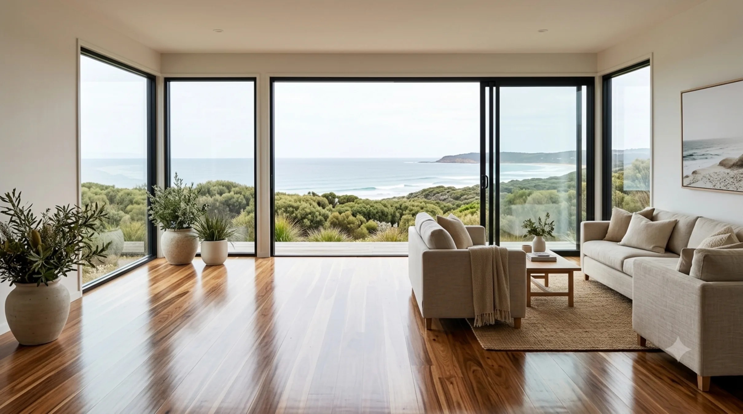 A timber bench on a boardwalk lookout above a Peninsula bay, coastal scrub in the foreground