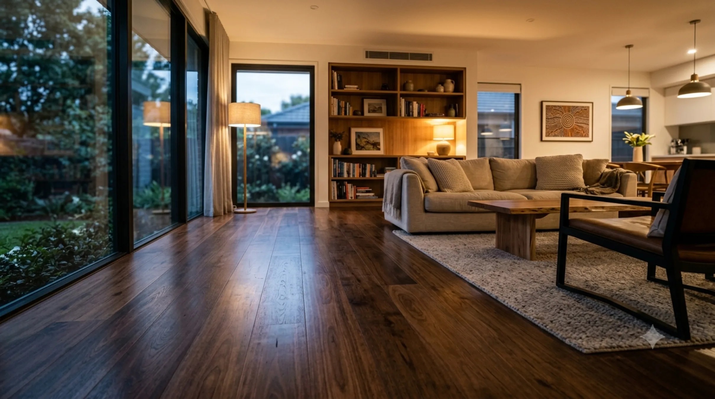 A warm oak floor running through a sunlit open-plan living room, boards catching low afternoon light