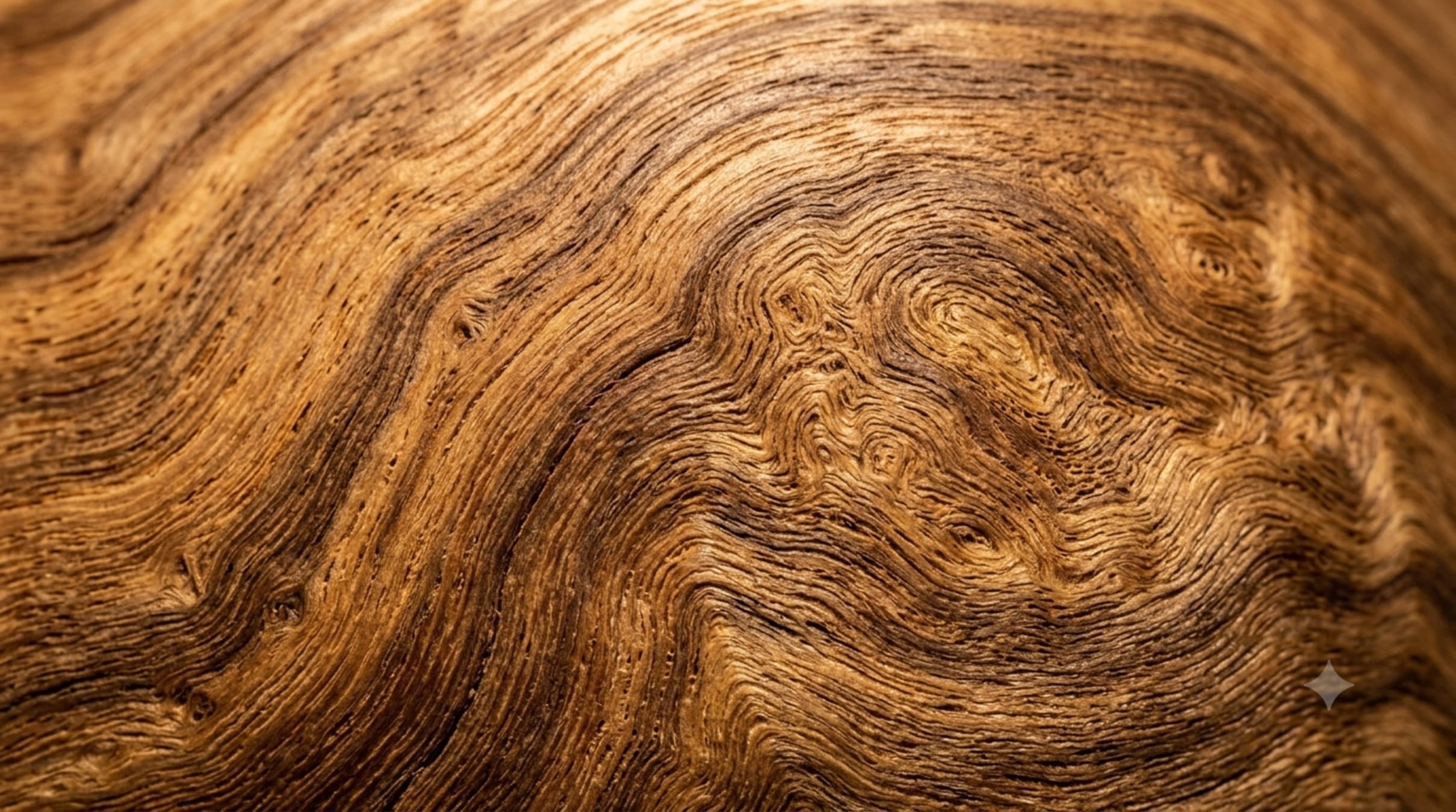 Close-up of timber grain in warm honey and dark brown, growth rings running the length of the board