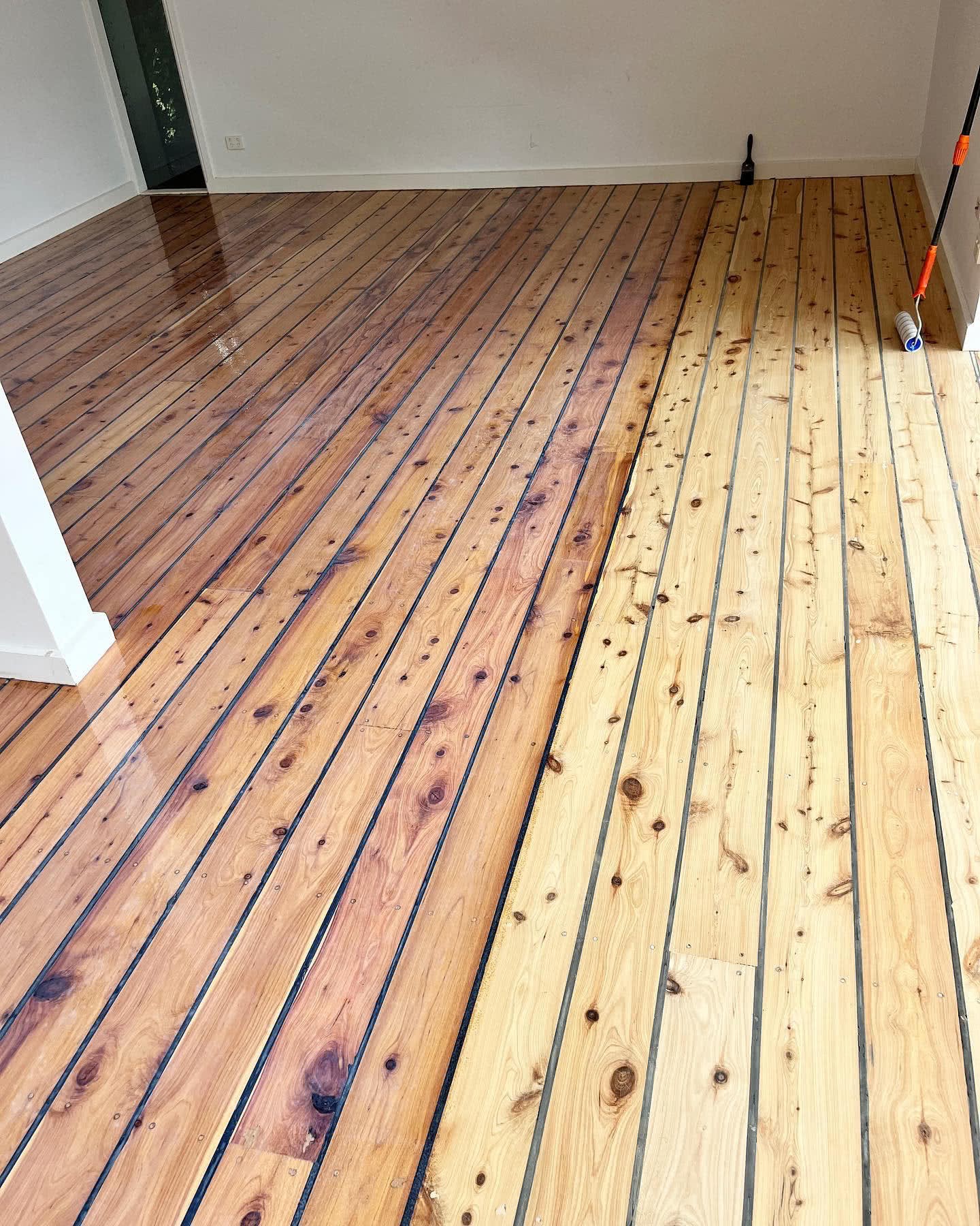 Australian Cypress Pine, fine and dense for a softwood, dominated visually by frequent tight dark knots