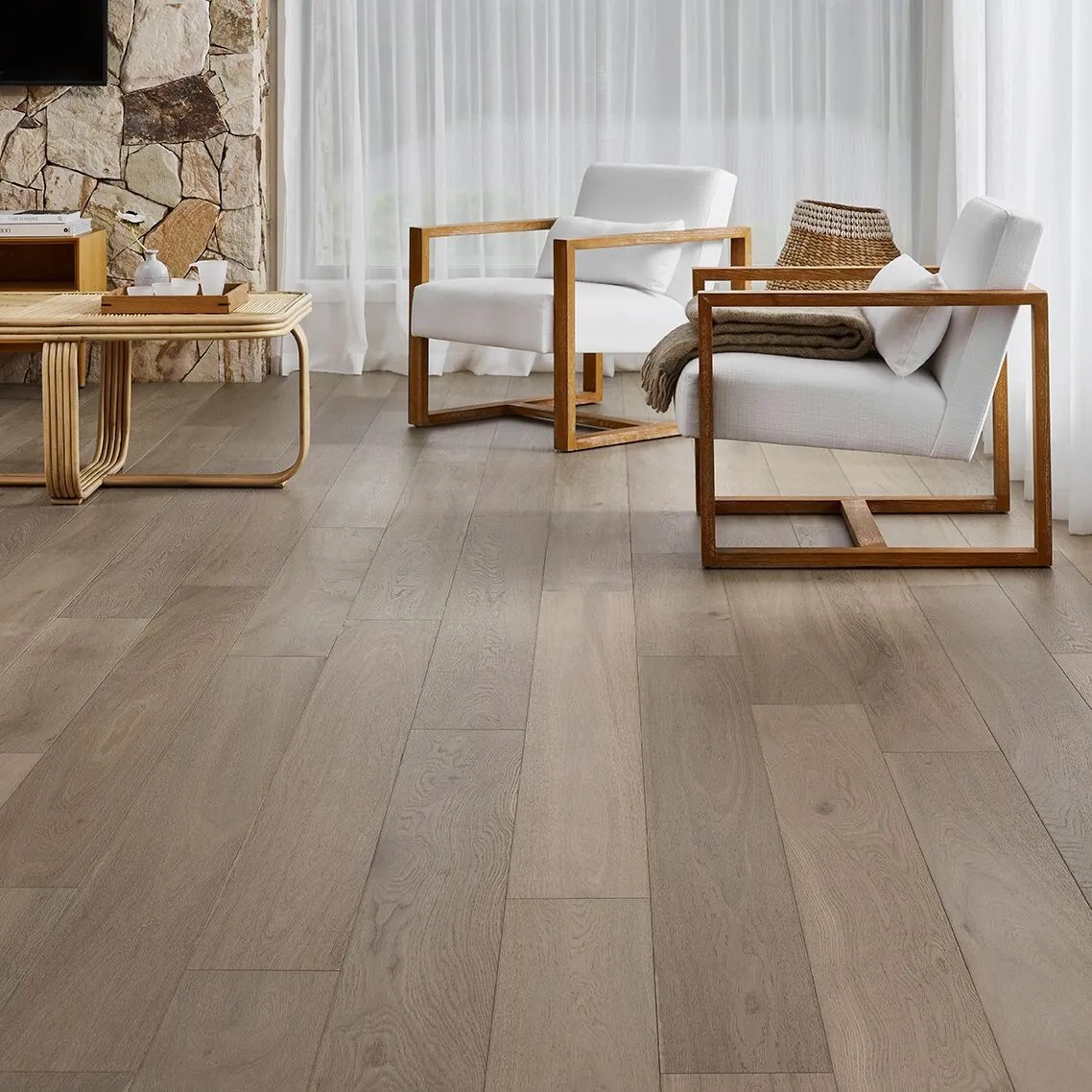 Engineered oak boards showing the grain and colour variation of a real timber veneer