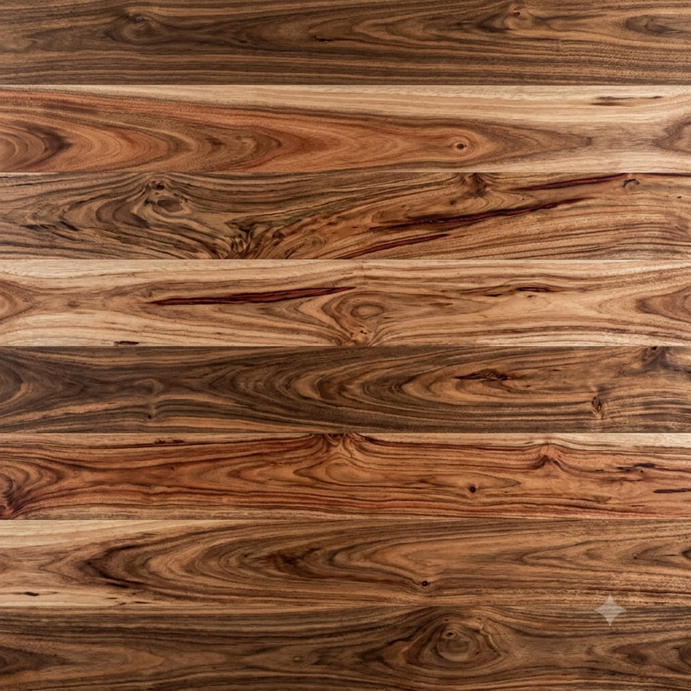 Spotted Gum, frequently wavy or interlocked, producing a distinctive figure; occasional gum vein